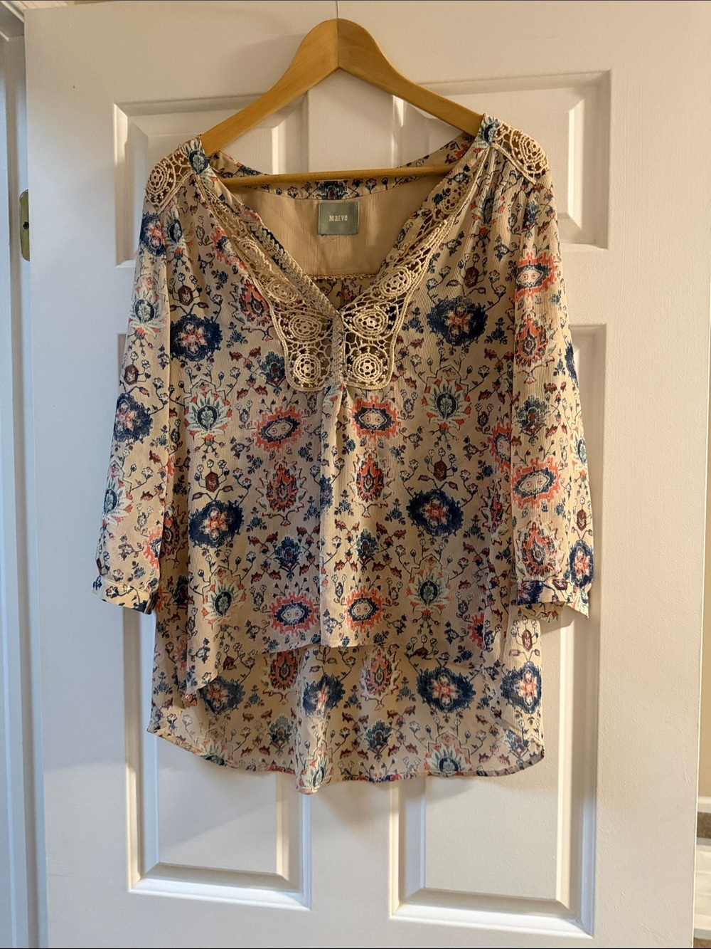 Maeve Beige Floral Crochet-Trim Semi-Sheer Tunic Top